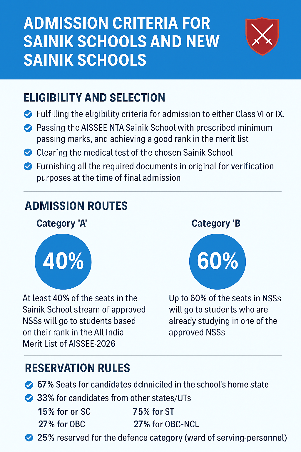 Admisssion Criteria for Sainik Schools and New Sainik Schools